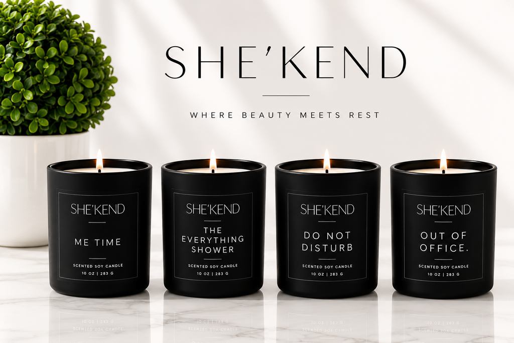 Four black SHE'KEND scented soy candles in matte black tumblers are lined up on a white marble surface. The candles are labeled 'Me Time', 'The Everything Shower', 'Do Not Disturb', and 'Out of Office'.